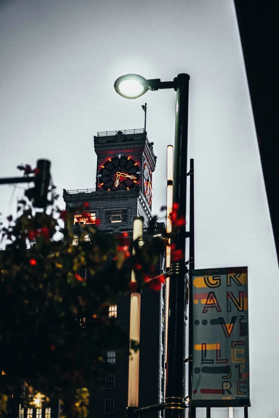 Vnc Street Clock. Architecture, reflection, available light.